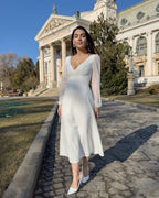 Rochie alba midi cu maneci lungi, decolteu V