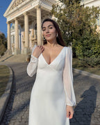 Rochie alba midi cu maneci lungi, decolteu V